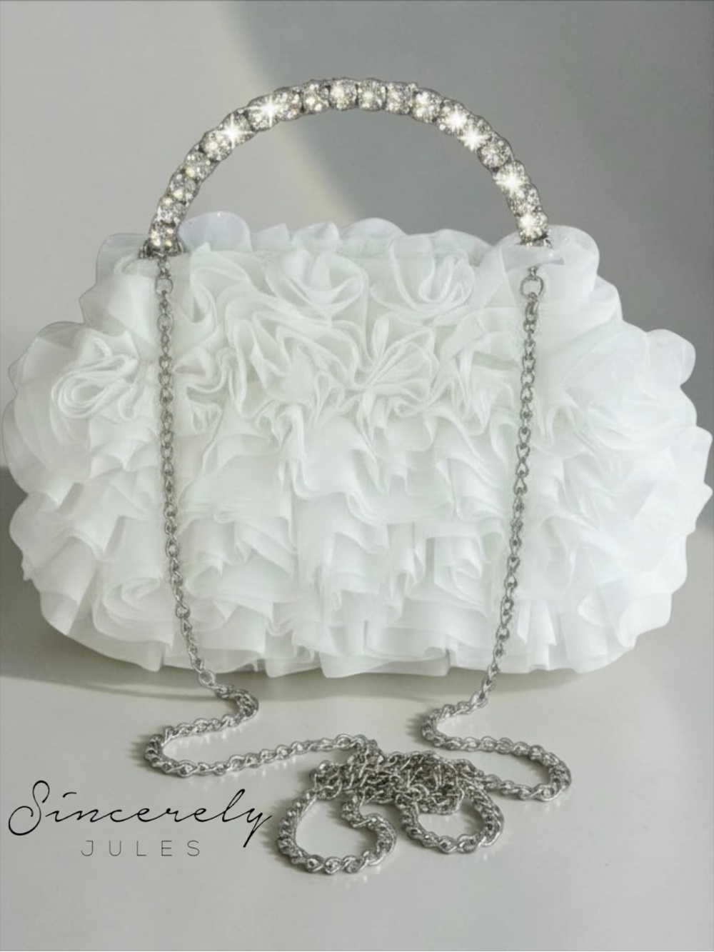NWT Sincerely Jules Ruffled Satin Statement Bag with Silver Crystal Handle